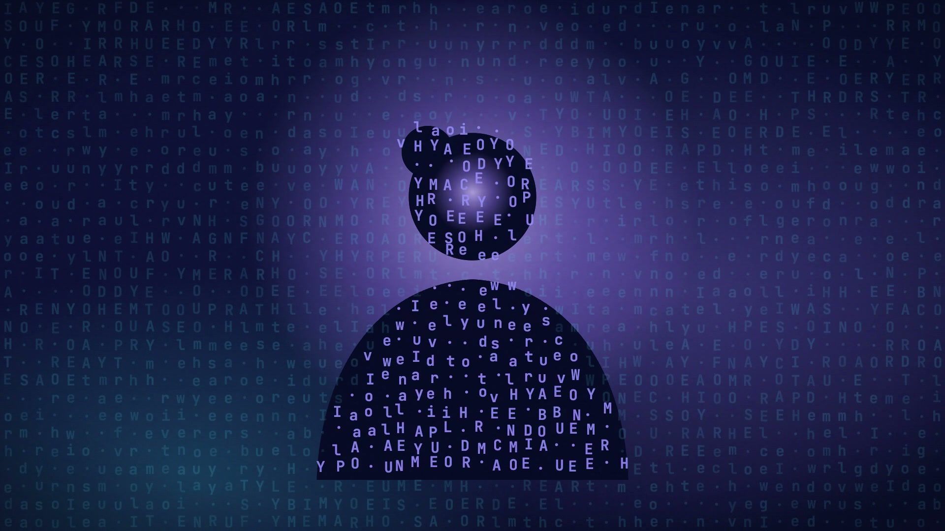 A violet silhouette of a head and shoulders built from tiny glowing characters on a dark lattice.